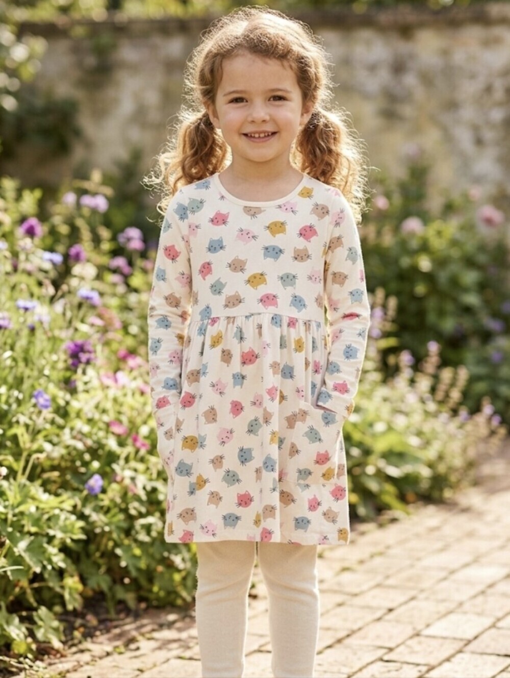 ​Hanna Andersson Cat Face Long Sleeve Playground Dress 100% Cotton Size 8